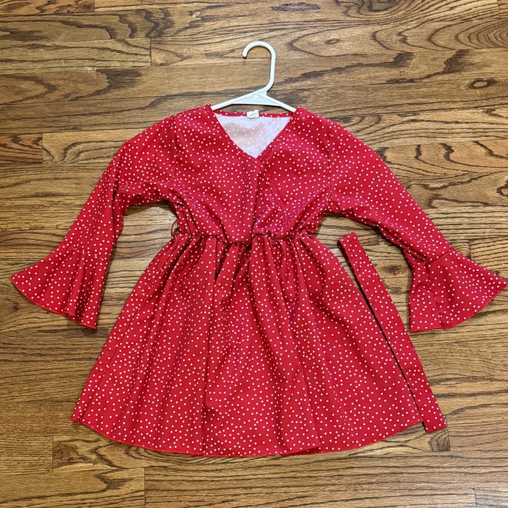 Girls Red Polka Dot Fit & Flare Dress w/ Bell Sleeves & Belt